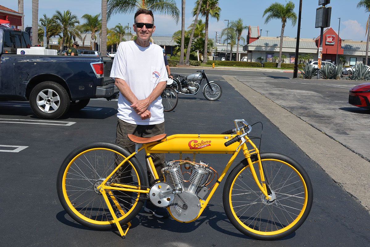 Tom Blaty of Huntington Beach with is 1915 Cyclone Board Track Replica