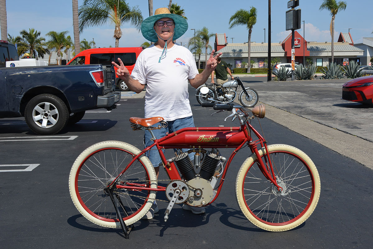 Bill Blaty of Huntington Beach with his 1913 Indian Board Track Replica