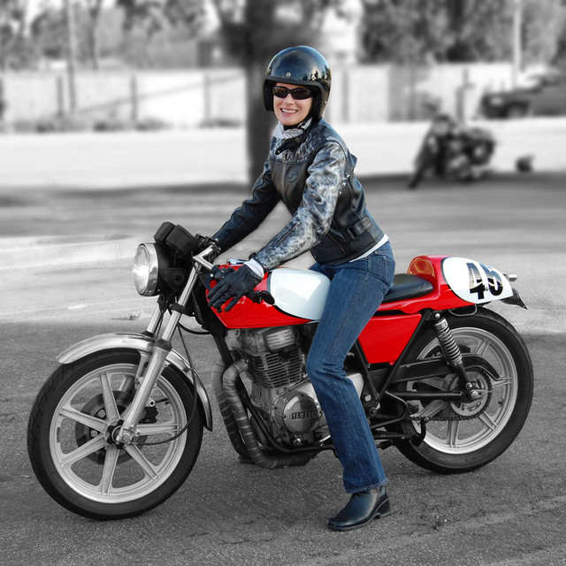 Julie Tomlinson with her 1977 Yamaha XS400 - Photoshop by JEK
