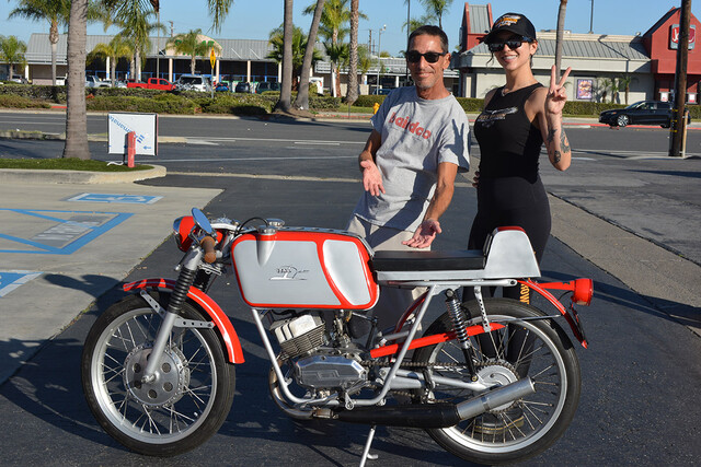 Baird Bergenthal of Midway City with his 1967 ItalJet Conquistador
with Chrystal of Russ Brown Motorcycle Attorneys