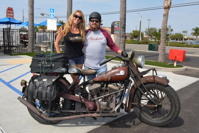 Kitty Brooks with Oran Bloodsworth and his 1944 Indian Chief