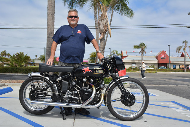 Greg McBride and his 1949 Vincent Black Shadow Rollie Free tribute bike