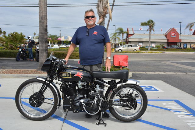 Greg McBride and his 1949 Vincent Black Shadow Rollie Free tribute bike