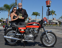 Ernesto Quiroga of Long Beach with his 1975 Moto Morini 3 1/2  with Vanessa of Russ Brown Motorcycle Attorneys