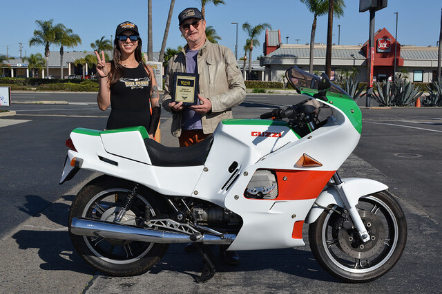 Eugene Garcin of Hollywood with his 1993 Moto Guzzi SP3 and Chrystal of Russ Brown Motorcycle Attorneys