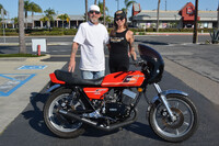Todd Cram of Huntington Beach with his 1976 Yamaha RD400 and Chrystal of Russ Brown Motorcycle Attorneys