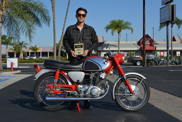 Kenny Tran of Santa Ana with his
1964 Honda CB77 Super Hawk