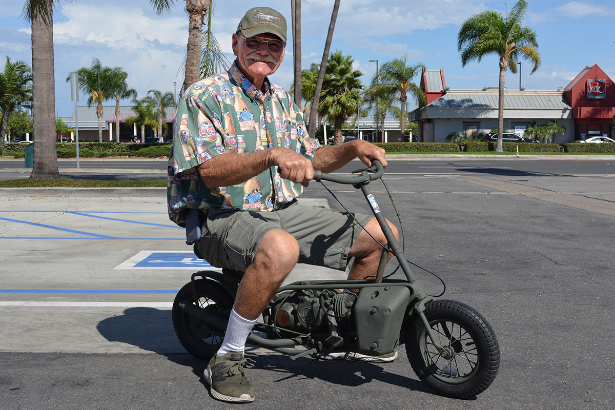 Jim Bradford of Costa Mesa with his 1942 Villiers Well Bike